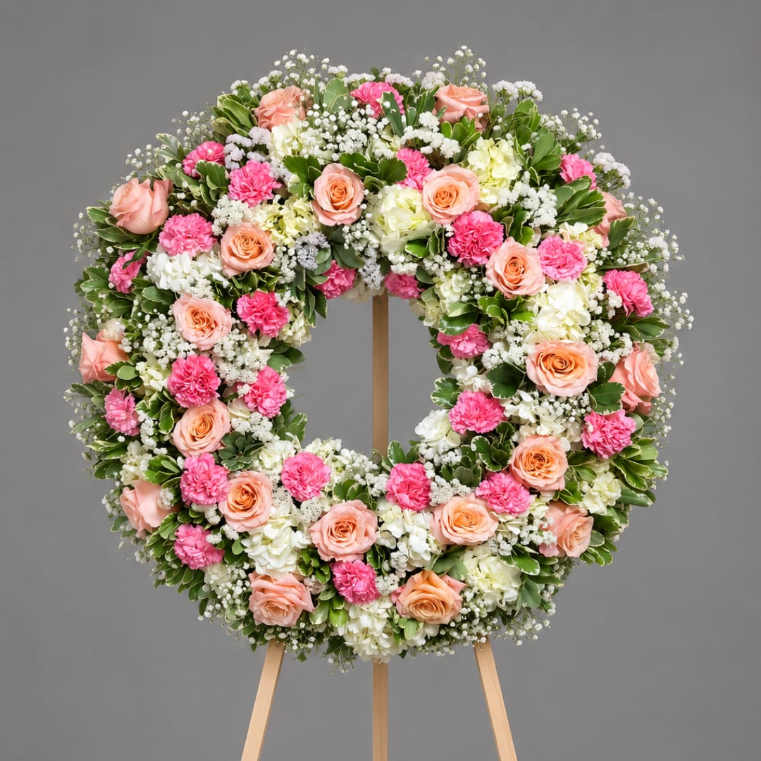 Round floral wreath on a wooden stand with pink, peach, and white flowers