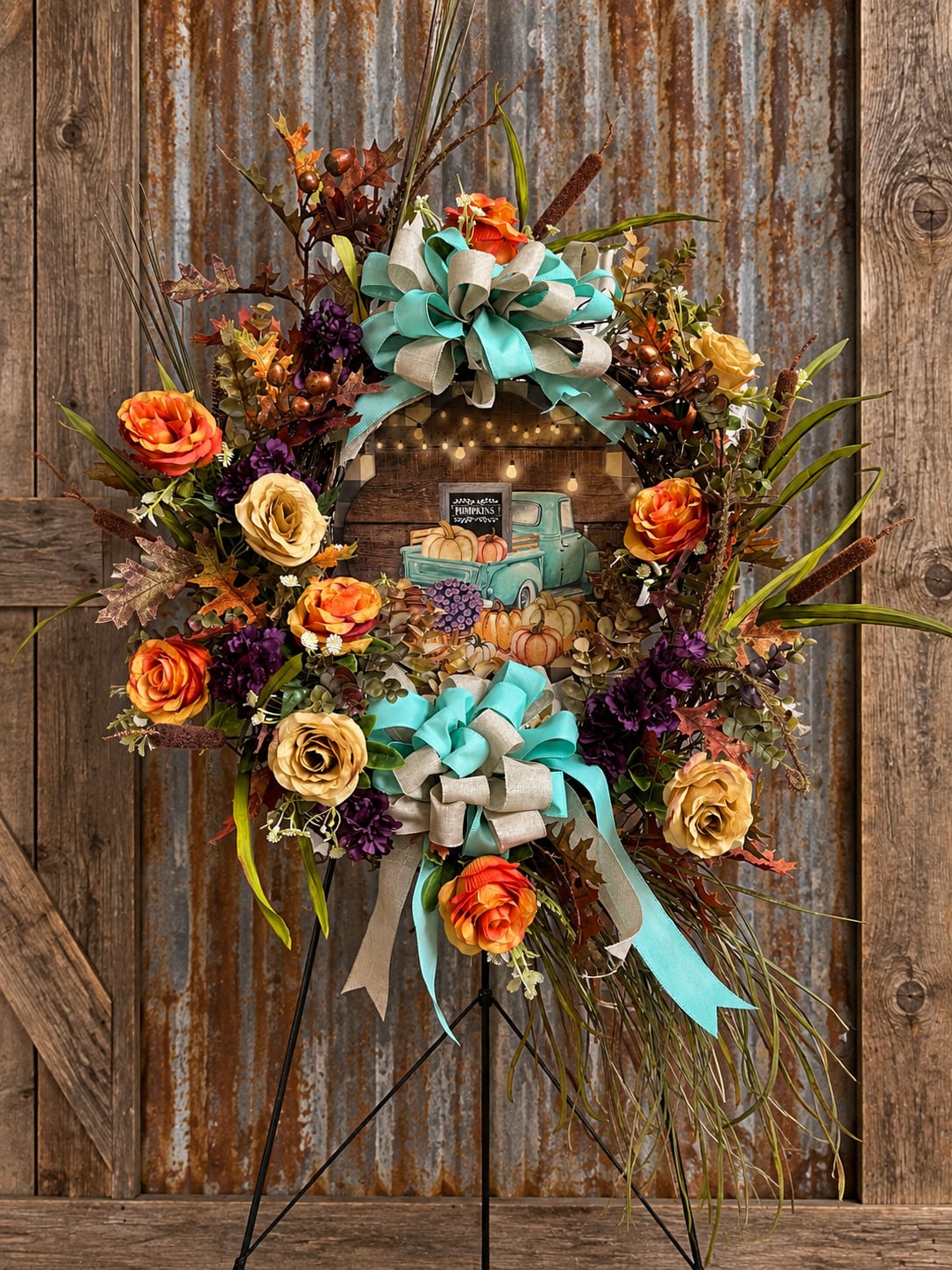 Fall wreath with orange and cream roses on a stand