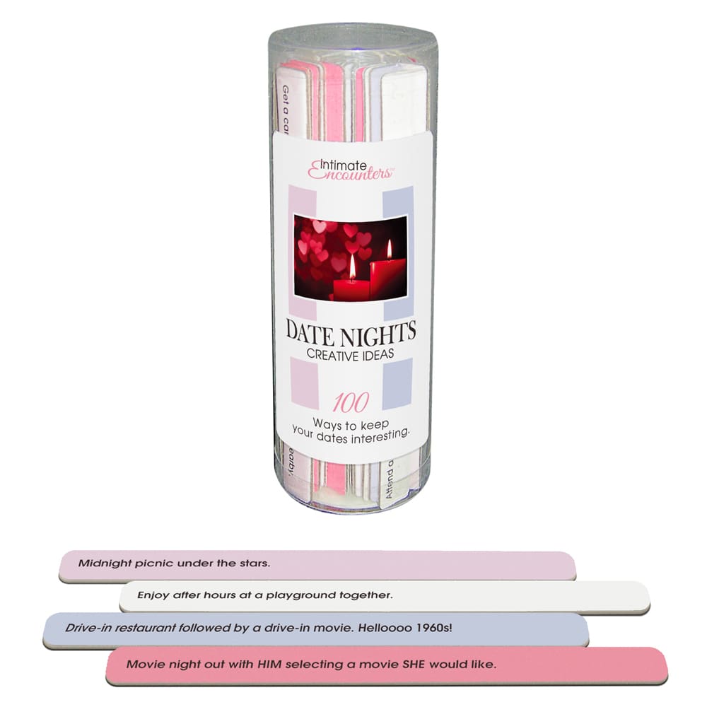 A cylindrical card game container labeled "Date Nights" with sample cards shown.