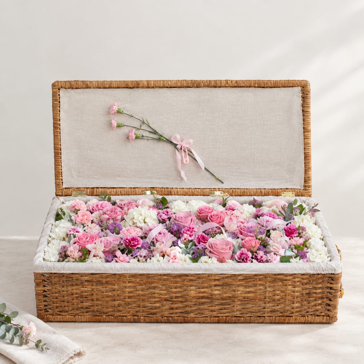 Pink and white floral arrangement in an open wicker basket