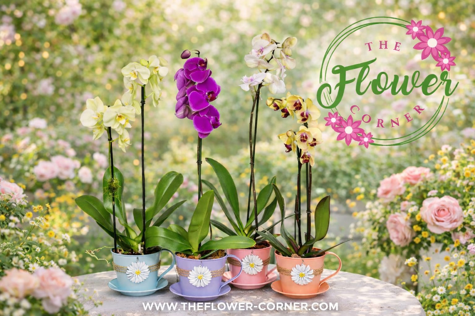 Spring Orchid Tin Garden - Bring a fresh touch of spring into your home with our charming Spring Orchid Tin Garden. This beautiful arrangement features vibrant, blooming orchids planted in decorative pastel tin pots, each accented with a delicate floral detail for a soft, cheerful look.  Perfect for gifts, home décor, or brightening up any space, these long-lasting orchids add elegance and color with minimal care. Each piece is thoughtfully designed to create a sweet, garden-inspired feel that fits any style.   Available orchid colors: Blue, Lavender, Pink &amp; Orange ? Decorative reusable tin planters  Perfect for gifts, celebrations, or everyday beauty  Add a little bloom to your day with this delightful spring favorite!  Please note: Orchid colors may vary. We can only guarantee the color of the tin pot.