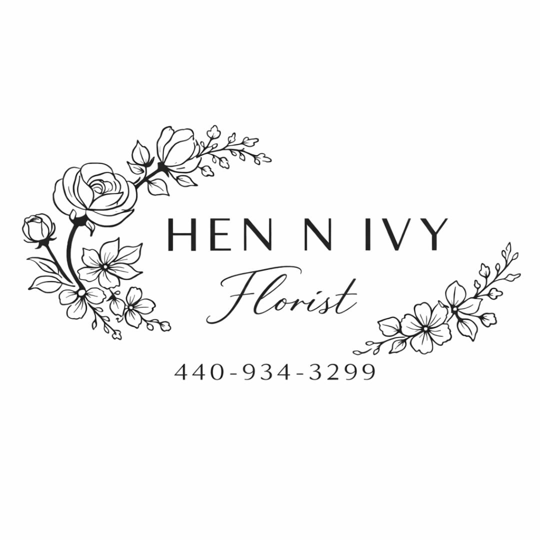 Floral shop gift card with black floral line art and Hen N Ivy Florist text