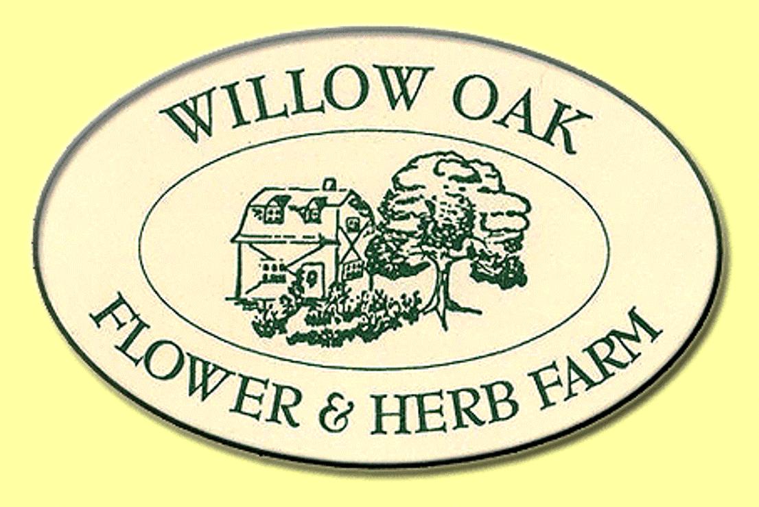 Oval Willow Oak Flower &amp; Herb Farm sign with a tree and house illustration