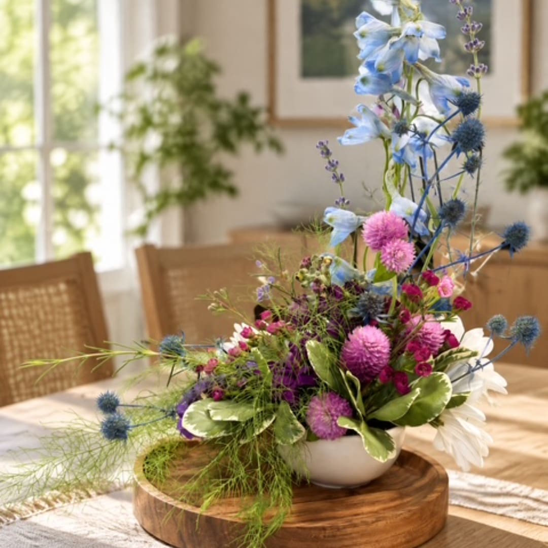 Mixed blue, pink, and white flowers arranged in a white bowl on a wooden tray