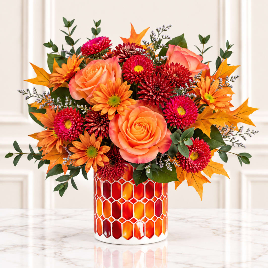 Orange and red floral arrangement in a patterned vase