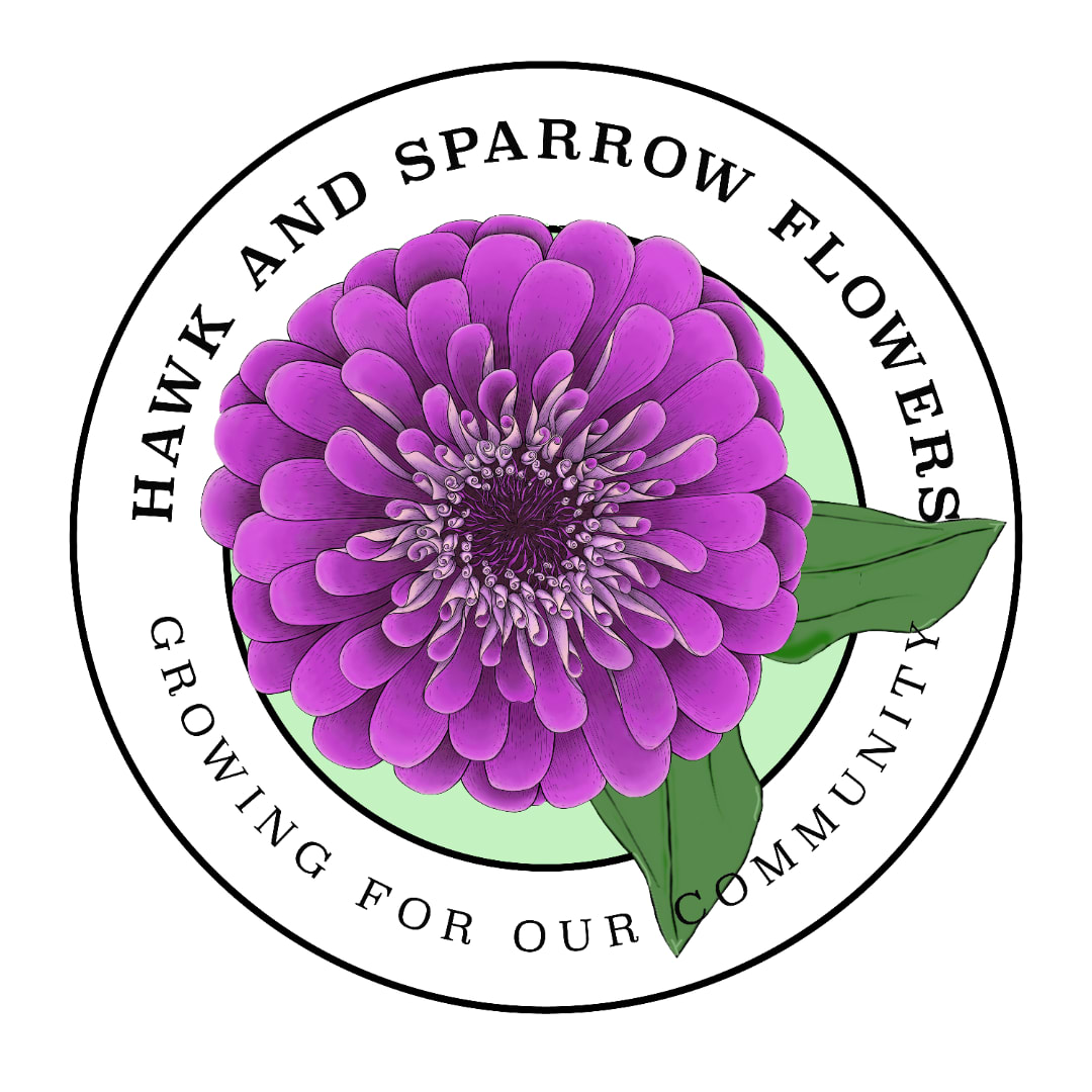 Purple flower logo with circular text reading Hawk and Sparrow Flowers
