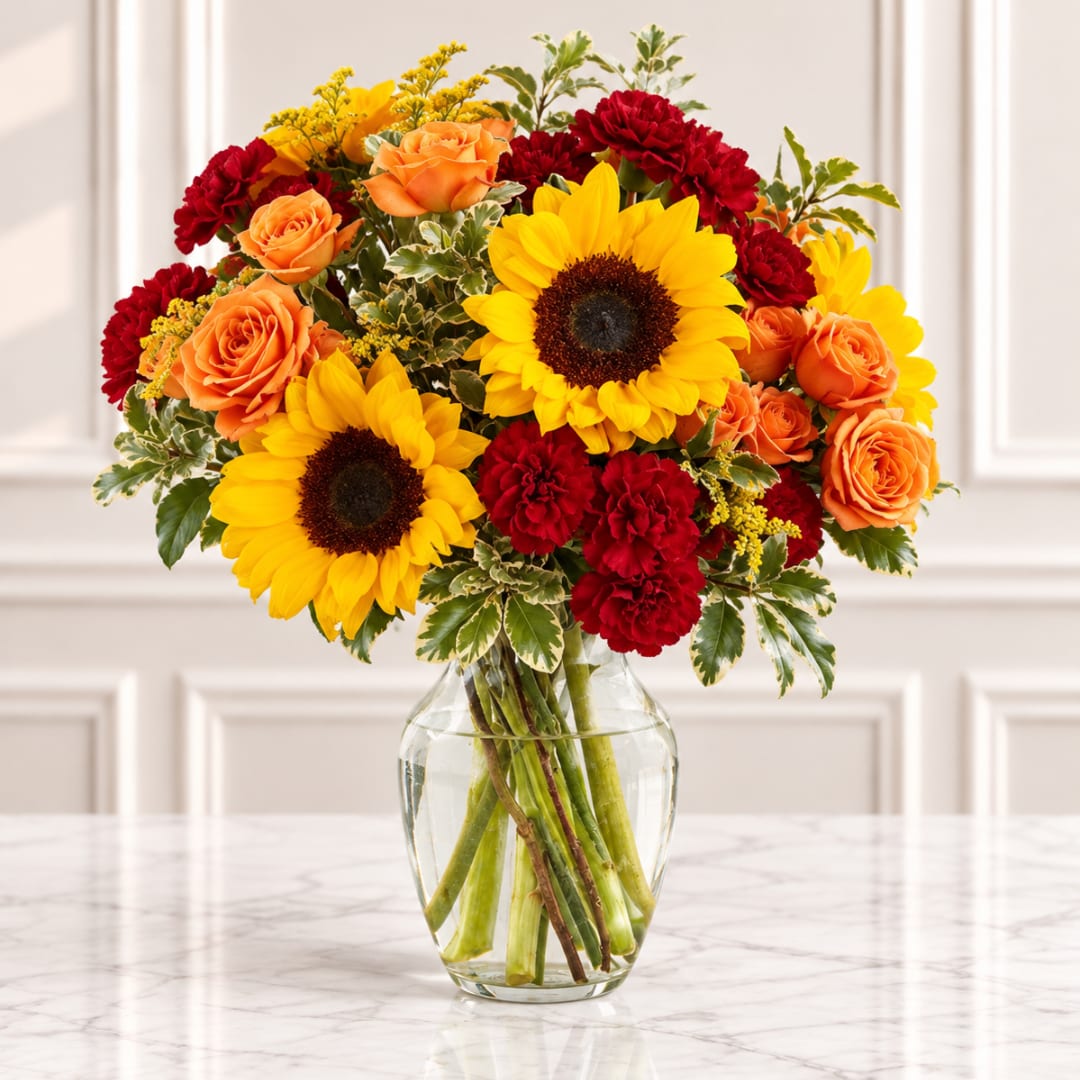 Bouquet of sunflowers, orange roses, and red carnations in a glass vase