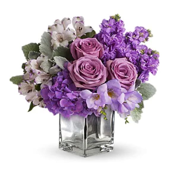 Sweet as Sugar  - A Mirrored Silver Cube vase is just one of the things that makes this beautiful bouquet such a sweet gift. It's full of beautiful flowers that are perfectly hand-arranged for maximum impact. Lovely lavender hydrangea, roses, alstroemeria, stock and freesia arrive in a magical Mirrored Silver Cube. As sweet as a sugar cube! 