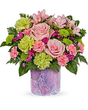 Forever Shining Bouquet - Pure sparkle! Sure to make mom's heart shine, this glamorous mosaic glass vase shimmers beneath a beautiful bouquet of pink and green blooms. Pink roses, green carnations, pink alstroemeria, miniature pink carnations, raspberry sinuata statice and green cushion spray chrysanthemums are arranged with lemon leaf and leatherleaf fern. Delivered in a Shining Beauty cylinder. 