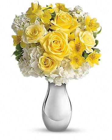 So Pretty Bouquet - This bouquet is called "So Pretty" because it is s-o-o-o pretty. She'll love the soft yellow roses, white hydrangea and other favorites - so artistically arranged in the dazzling Silver Reflections vase. Expect one of her biggest smiles ever. The sunny bouquet includes white hydrangea, light yellow roses, yellow alstroemeria and white stock accented with fresh greenery. Delivered in Teleflora's exclusive Silver Reflections vase. 