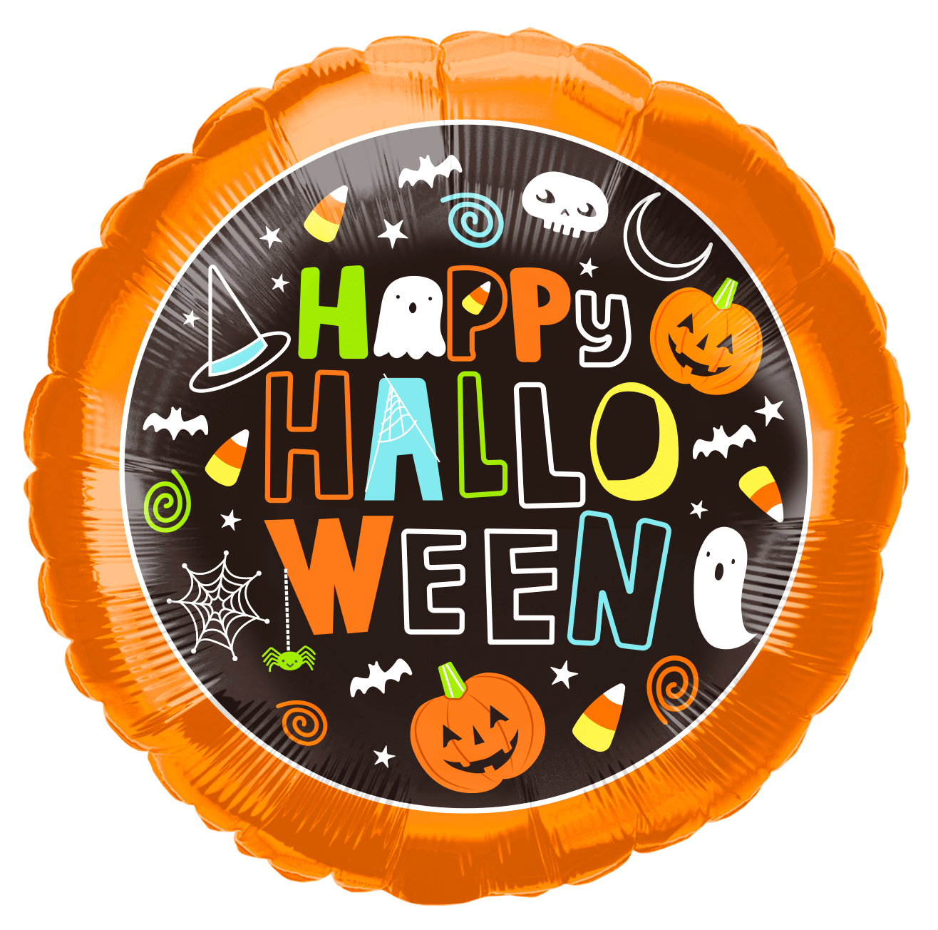 Orange Halloween balloon with "Happy Halloween" text and spooky icons