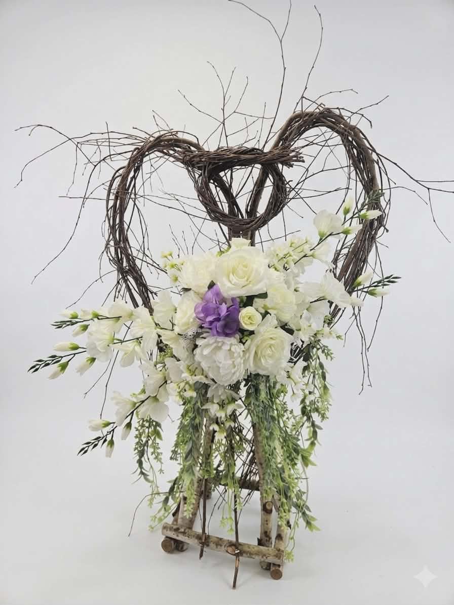 Rustic Angel of Blessings  - A large rustic Angel of twigs crowned with a cloud of silk white blooms sets the tone for this floral arrangement - a romantic silk flower arrangement perfect for weddings, anniversaries, or as a heartfelt sympathy piece. The Primitive Angel of Blessings reads soft and elegant from the white roses and blooms, while a touch of purple adds a gentle, hopeful accent that will make the recipient feel truly seen and comforted.  The design sits on a simple wooden stand and features a dense cluster of white flowers at the top of the heart frame that spills downward in a loose, cascading shape. Roses and orchids mingle with trailing greenery and other seasonal white blossoms to create texture and movement against the natural twig structure; the handcrafted wood and twig heart gives the piece an earthy, timeless character that works equally well as ceremony decor or a home display.  Thoughtful for the person you're honoring, this arrangement conveys love, blessing, and serene beauty - the kind of gift that brings calm and tenderness to a room. Sized to make an impression while fitting comfortably on a mantel or altar, it arrives ready to display on its wooden stand. 38" Tall 28" Wide