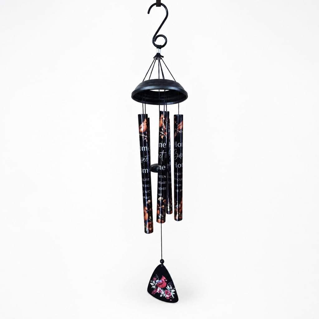 Black hanging wind chime with printed tubes and a floral pendant