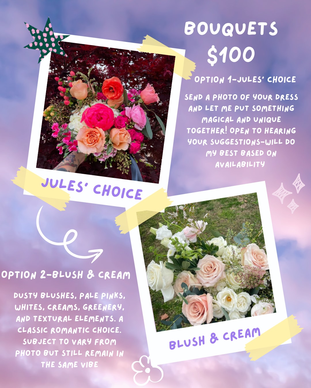 Promotional graphic showing two bouquet photos with pink and cream flowers.