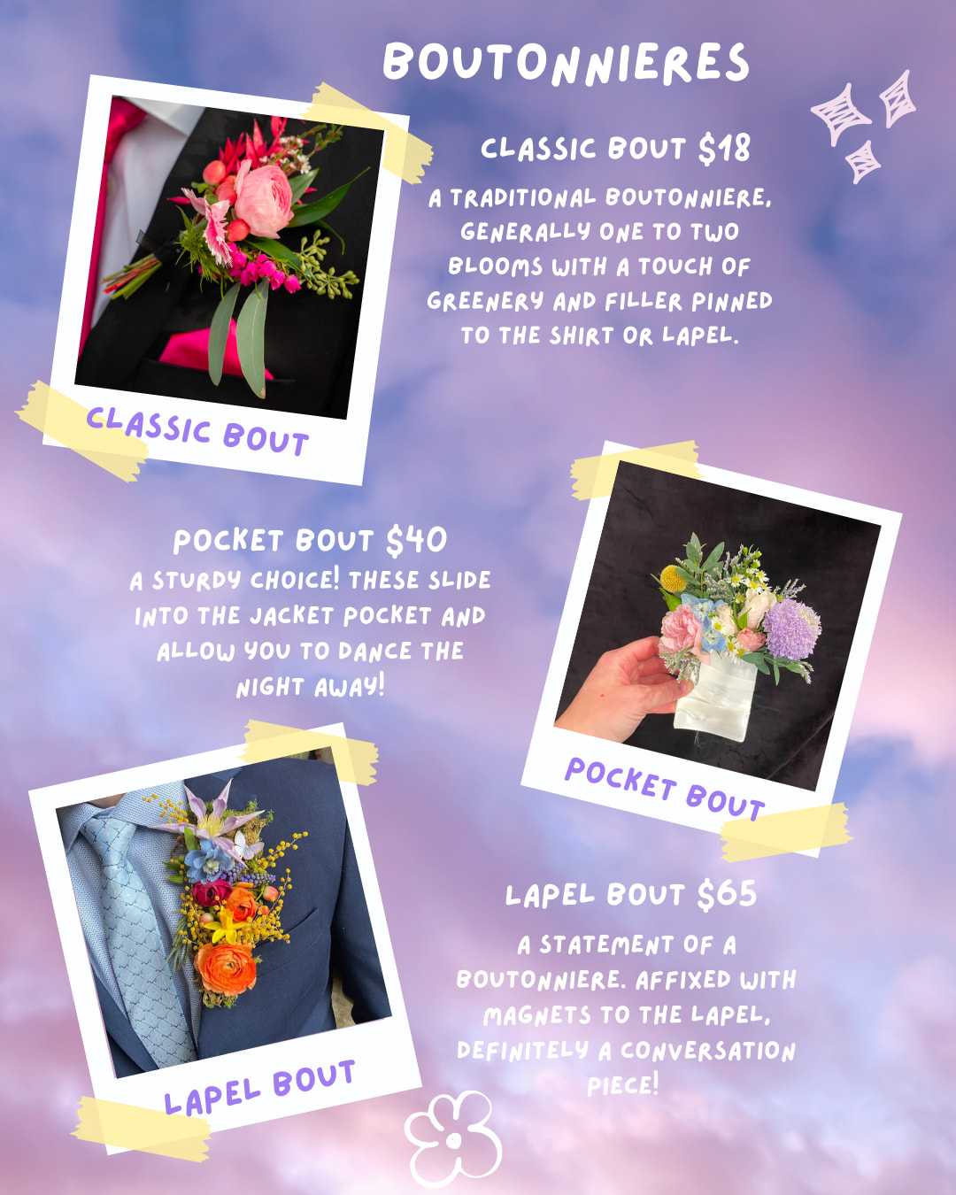 Boutonniere examples with pink and multicolor flowers on suit lapels