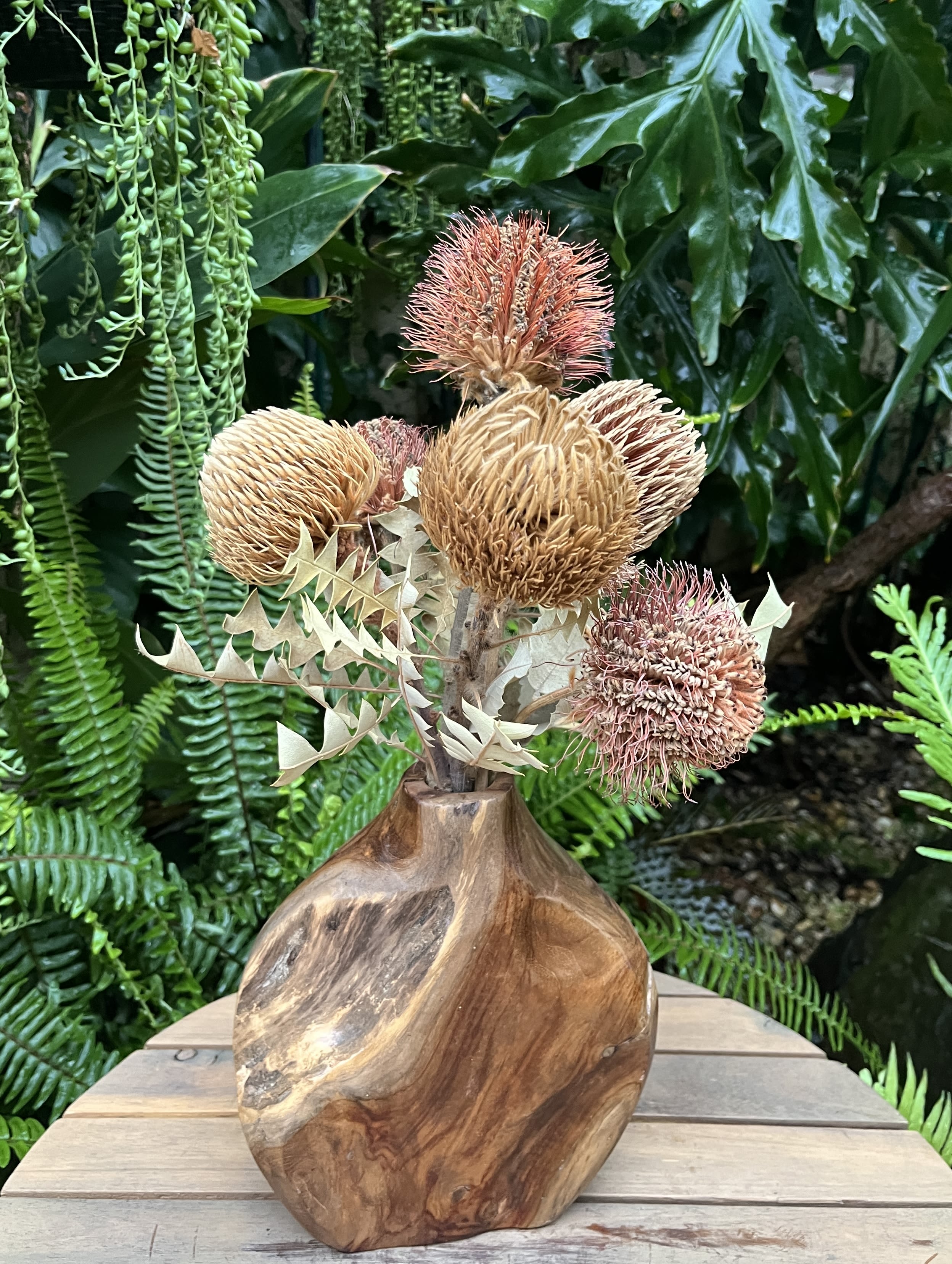 Arrangement of dried pincushion-like flowers in a wooden vase