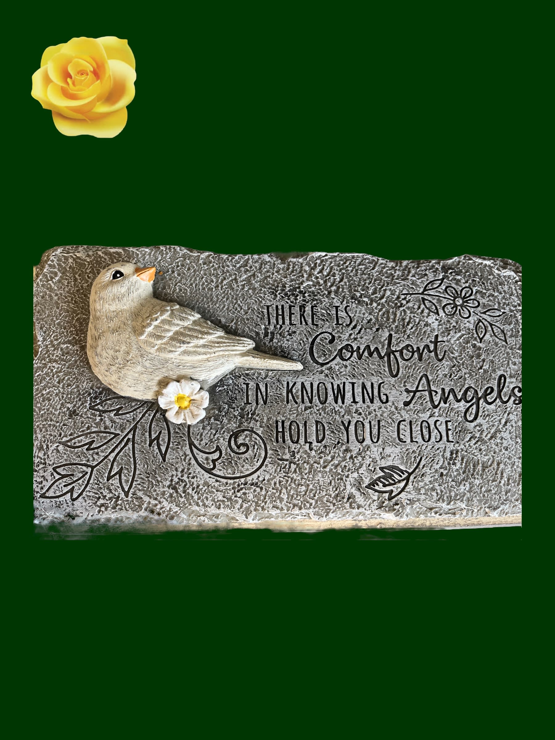 Decorative memorial plaque with a bird and a yellow rose