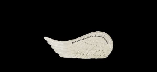 White angel wing memorial ornament with printed text