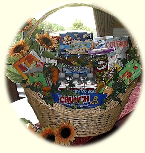 Gift basket with snack packs and artificial sunflowers