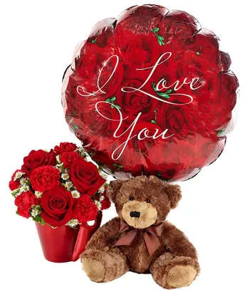 Red rose bouquet with a heart balloon and teddy bear