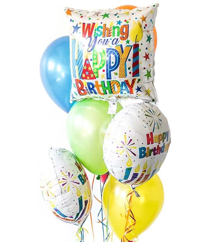 Birthday balloons with a large "Happy Birthday" balloon and colorful latex balloons