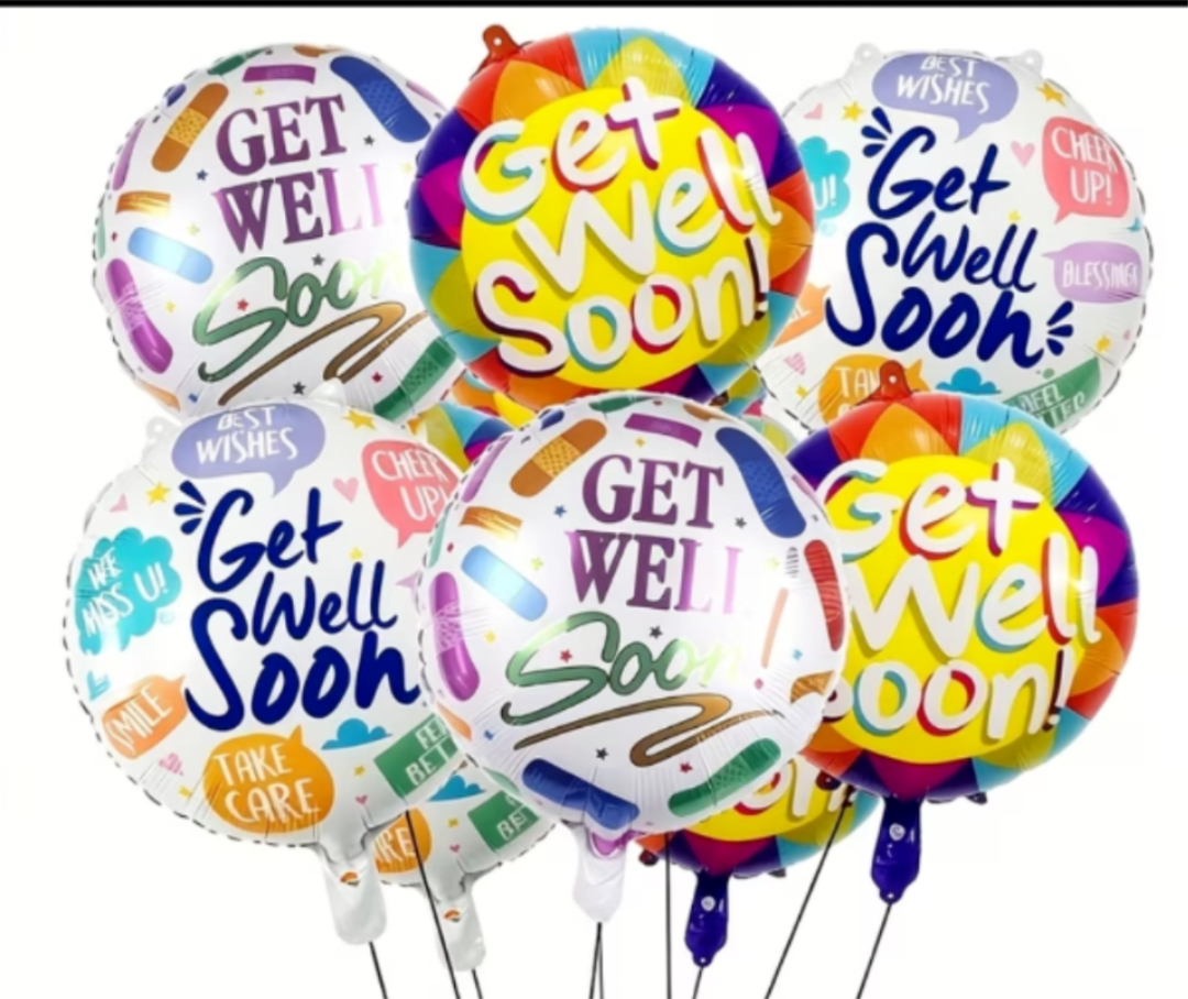 Get well mylar bolloon - Cheerful round mylar balloon delivers an instant lift-the kind of Thinking of You surprise that brightens a hospital room or bedside. This get well balloon is a thoughtful Get Well gift that says you care: bold "Get Well Soon" message in blue, yellow, and purple on white background with playful rainbow accents create an upbeat, encouraging vibe your person will notice right away.  This foil balloon comes arranged on a sturdy balloon stick so it stays upright in bouquets or as a standalone pick-me-up, making it an easy add-on to gift sets or a solo surprise for someone recuperating. Colors in the photos include Mixed Color, white, blue, and yellow for maximum cheer; the lightweight stick keeps it compact and transportable. Sending this to someone in West Frankfort, IL is a simple way to make them feel seen and supported while they recover.  Pair this mylar balloon with a small bouquet of roses or daisies for a fuller get-well presentation, or order it alone when you need a quick, germ-free gift to lift spirits. They're ideal for hospital visits, home recovery, or any Thinking of You moment-no special care required beyond keeping them away from sharp edges.