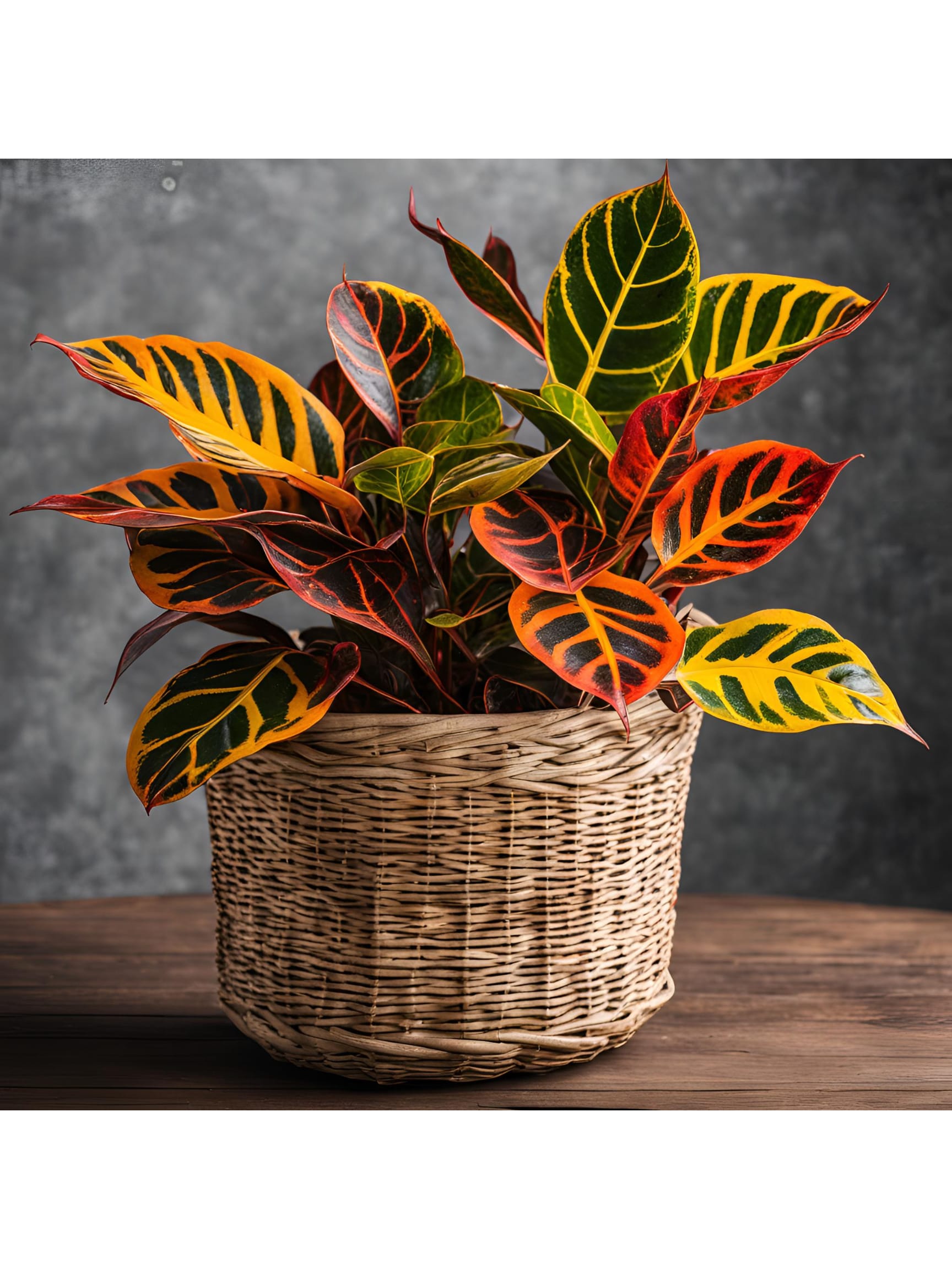 Colorful croton plant in a woven basket planter