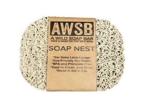 Rectangular white plastic soap saver pad wrapped with a brown AWSB Soap Nest label