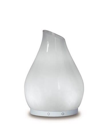 White teardrop-shaped electric diffuser with a frosted finish and small control icons on the base.