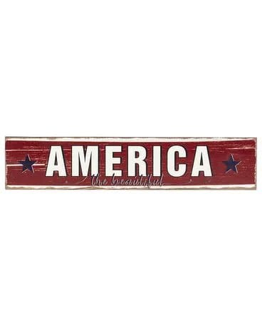 Long rustic red wooden sign reading AMERICA with blue stars and smaller script text