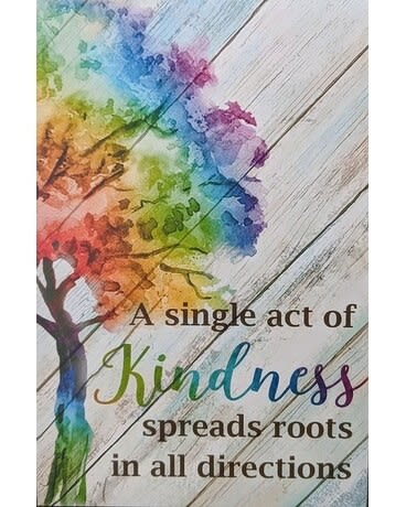 Rainbow tree graphic with kindness quote on wood background