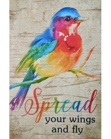 Colorful bird illustration on rustic sign with the phrase “Spread your wings and fly.”