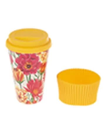 Floral-patterned travel cup with a yellow lid and matching yellow cap