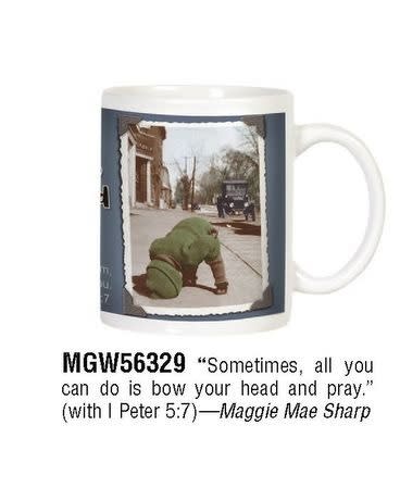 White ceramic mug with vintage-style photo of a child kneeling on a sidewalk and religious text.