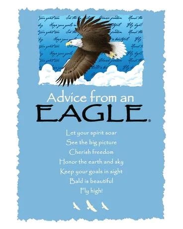 Blue inspirational card featuring a flying bald eagle and the title 'Advice from an Eagle.'