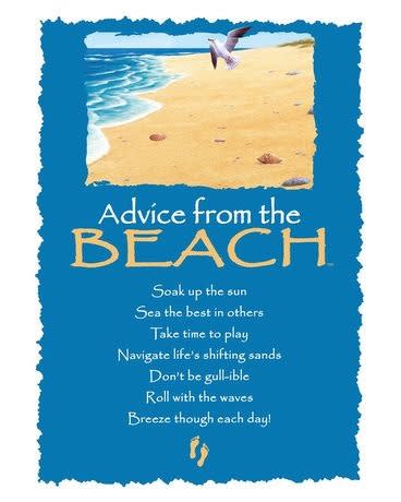 Beach-themed card with a seagull and the words "Advice from the BEACH"