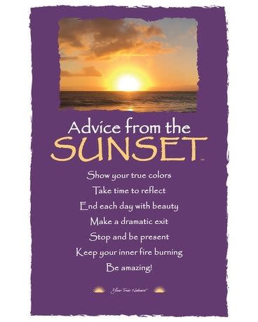 Purple inspirational poster with a sunset photo and advice text in white and yellow