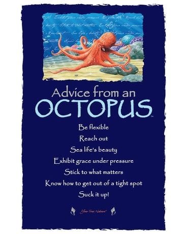 Navy blue inspirational poster with an orange octopus illustration and white advice text.