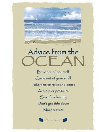Beige inspirational wall print with ocean scene at top and blue advice text below.