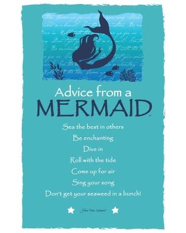 Turquoise mermaid-themed sign with advice text and undersea silhouette illustration