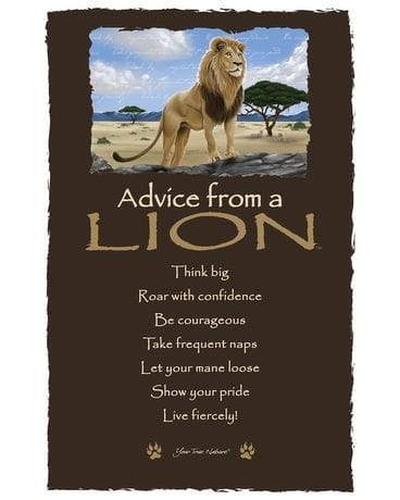 Brown wall art featuring a lion over a savanna scene with inspirational advice text.