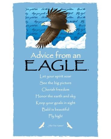 Blue inspirational art print with a flying eagle and advice text titled Advice from an Eagle.