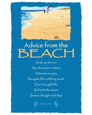 Blue beach-themed decorative sign with sand illustration and inspirational text