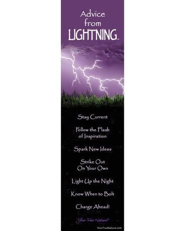 Tall purple bookmark with lightning bolts above a dark tree line and inspirational text.
