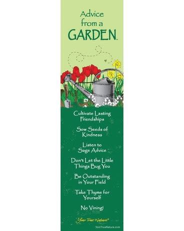 Tall green bookmark with garden illustration, red and yellow flowers, and advice-themed text.