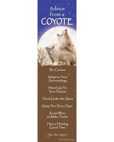 Tall bookmark with illustrated coyotes under a full moon and the title Advice from a Coyote