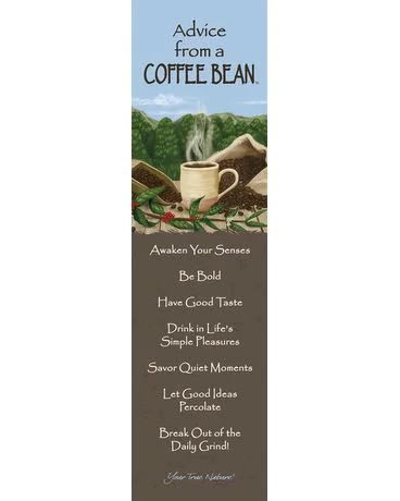 Tall bookmark with coffee mug illustration and inspirational coffee-themed sayings.