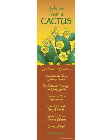 Tall bookmark with a cartoon cactus and yellow blooms above text titled Advice from a Cactus.
