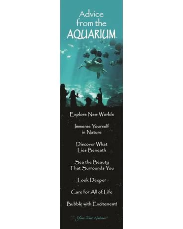Tall bookmark with aquarium advice text and underwater scene with turtle, fish, and viewer silhouettes