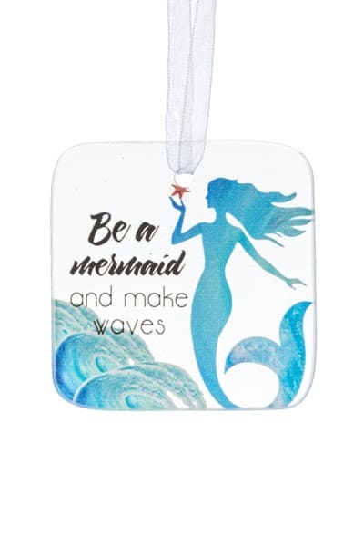 Mermaid-themed hanging ornament with blue text and waves